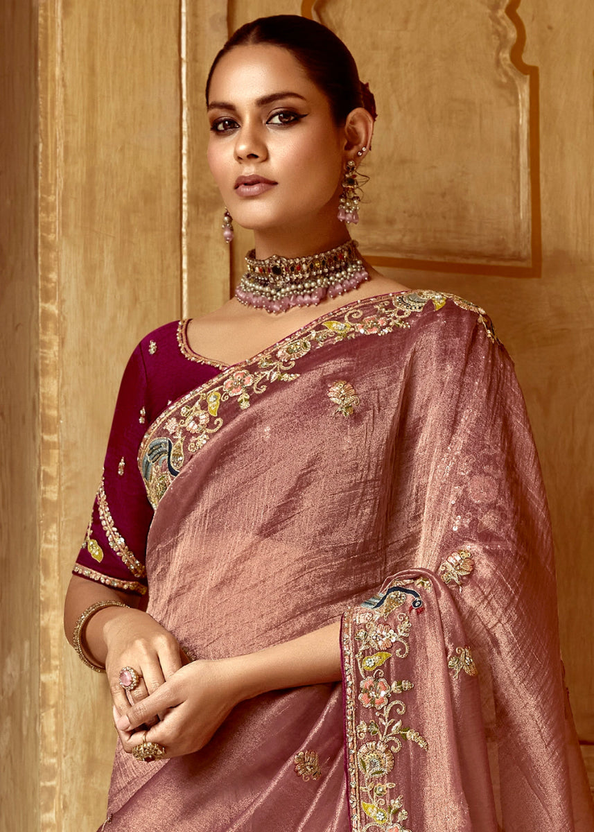 Blush Pink Tissue Silk Saree Beautified with Intricate Thread Embroidery And Sequin Accents - House of Sarvati LLC
