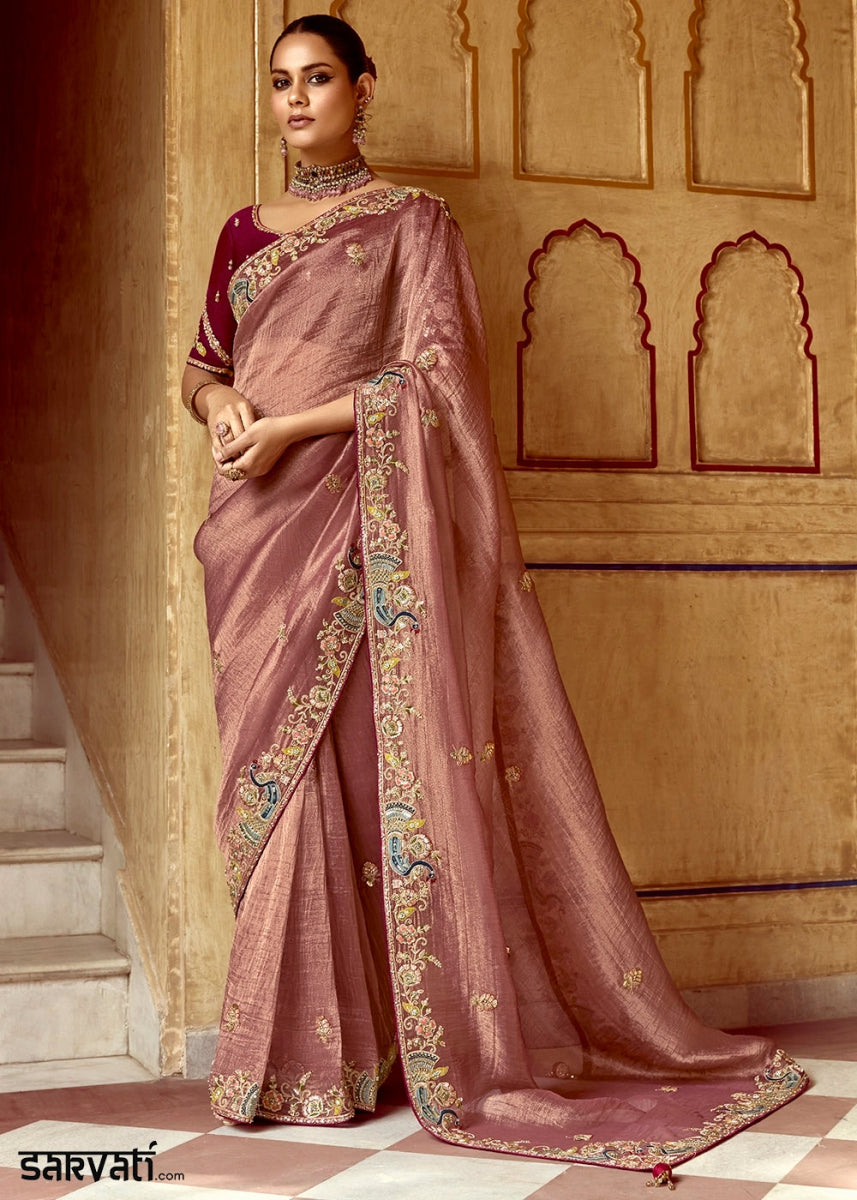 Blush Pink Tissue Silk Saree Beautified with Intricate Thread Embroidery And Sequin Accents - House of Sarvati LLC