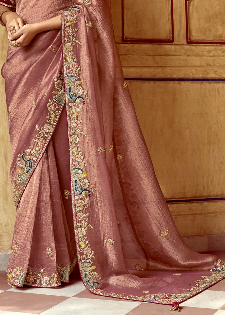Blush Pink Tissue Silk Saree Beautified with Intricate Thread Embroidery And Sequin Accents - House of Sarvati LLC