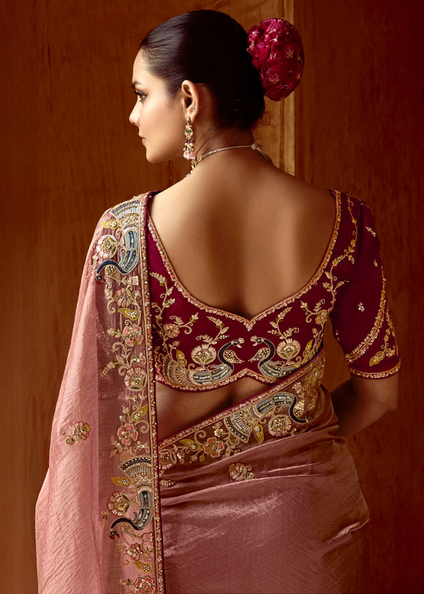 Blush Pink Tissue Silk Saree Beautified with Intricate Thread Embroidery And Sequin Accents - House of Sarvati LLC