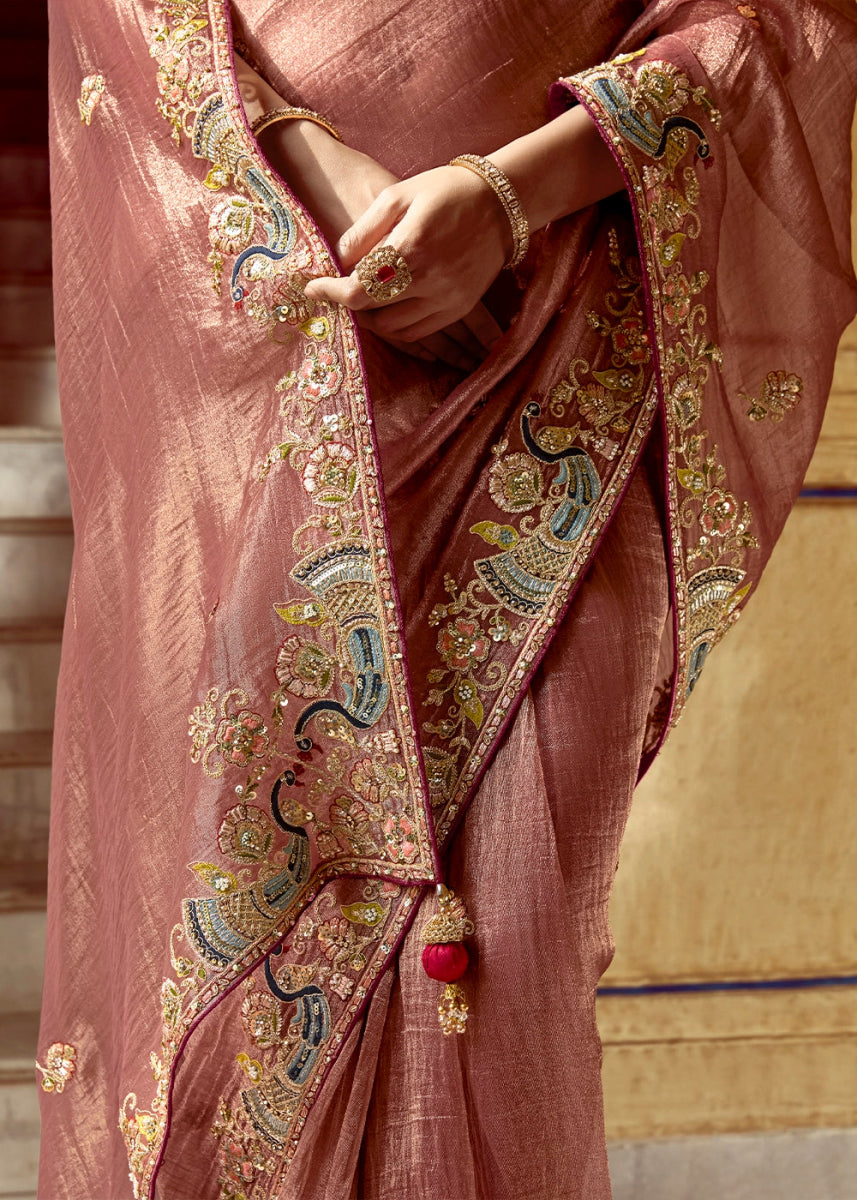 Blush Pink Tissue Silk Saree Beautified with Intricate Thread Embroidery And Sequin Accents - House of Sarvati LLC