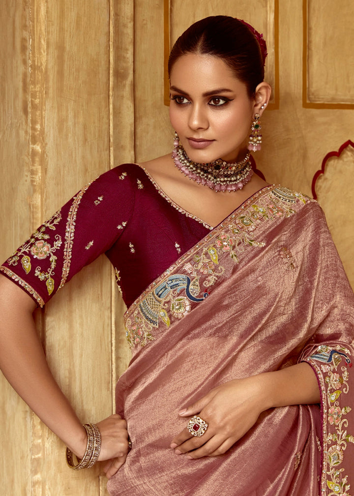 Blush Pink Tissue Silk Saree Beautified with Intricate Thread Embroidery And Sequin Accents - House of Sarvati LLC