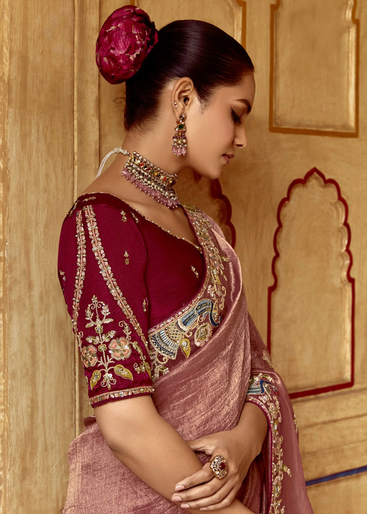 Blush Pink Tissue Silk Saree Beautified with Intricate Thread Embroidery And Sequin Accents - House of Sarvati LLC