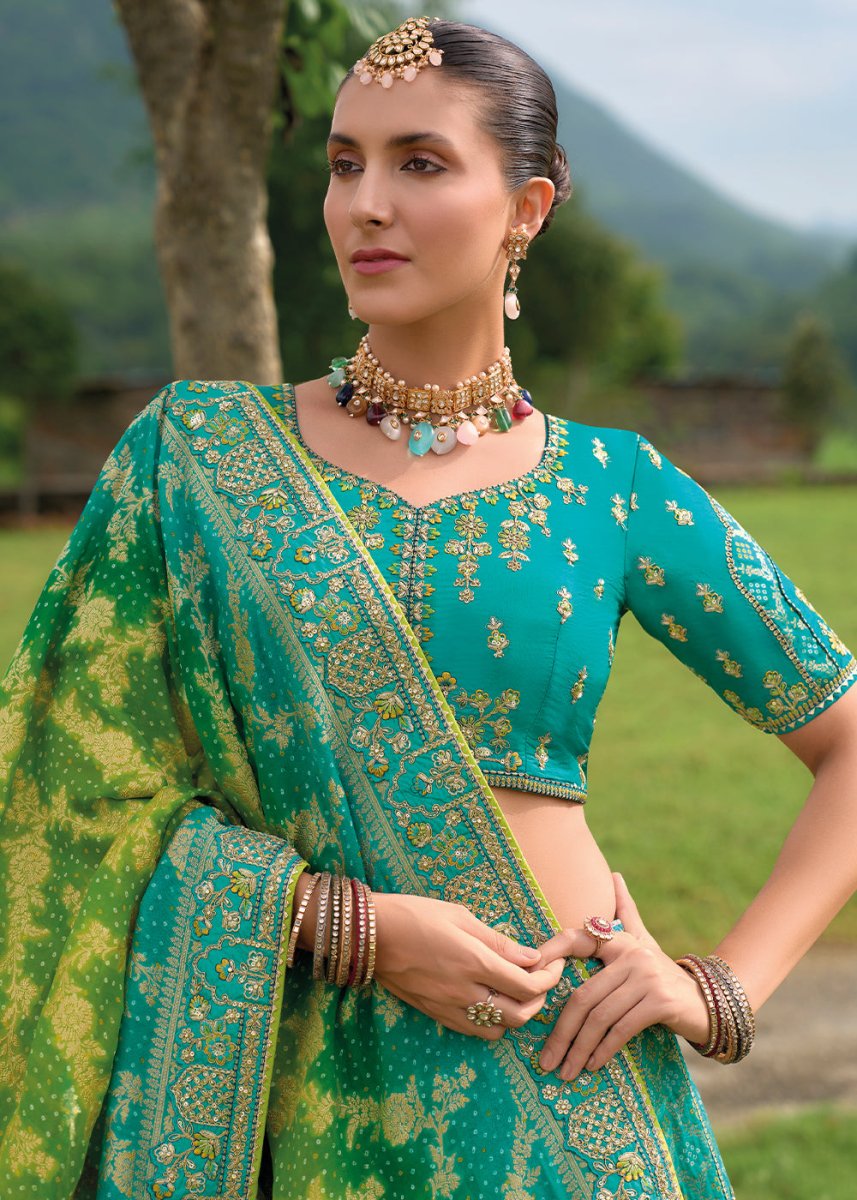 Bondi Blue Banarasi Silk Lehenga with Heavy Khatli & Embroidery Work - House of Sarvati LLC