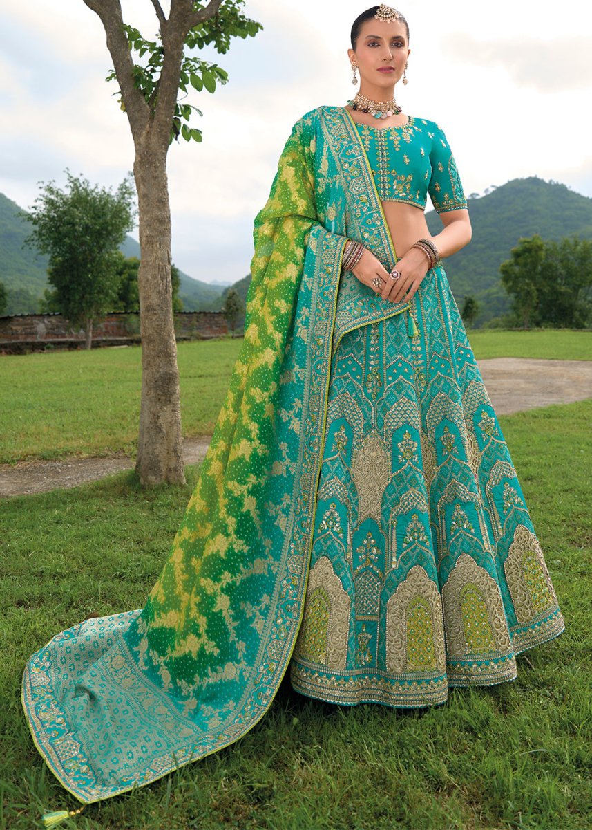 Bondi Blue Banarasi Silk Lehenga with Heavy Khatli & Embroidery Work - House of Sarvati LLC