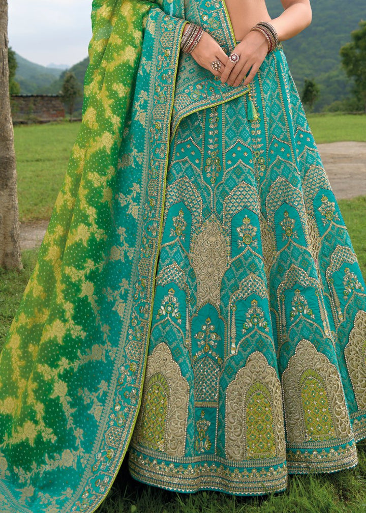 Bondi Blue Banarasi Silk Lehenga with Heavy Khatli & Embroidery Work - House of Sarvati LLC