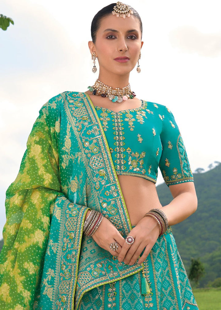 Bondi Blue Banarasi Silk Lehenga with Heavy Khatli & Embroidery Work - House of Sarvati LLC