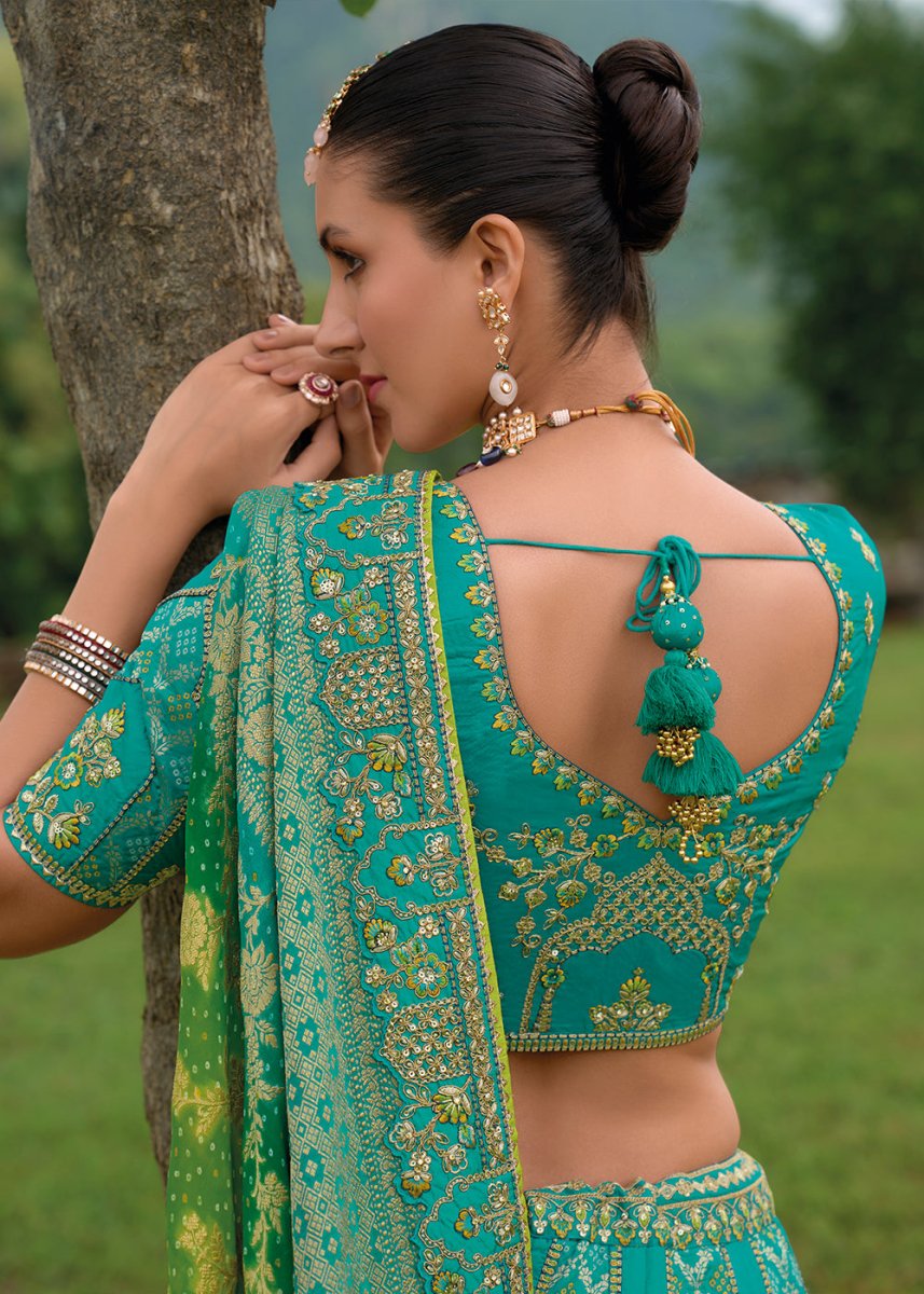 Bondi Blue Banarasi Silk Lehenga with Heavy Khatli & Embroidery Work - House of Sarvati LLC