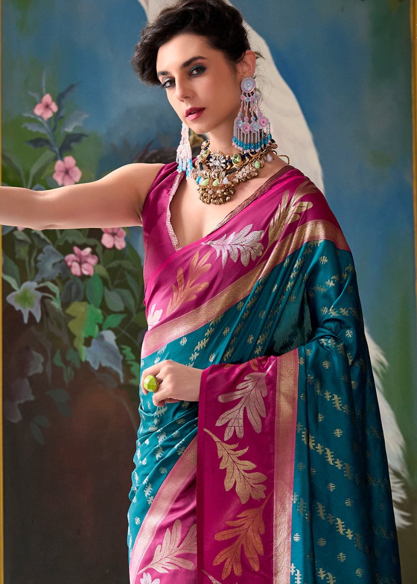 Bondi Blue Banarasi Silk Saree with Contrasting Pallu and Woven Zari - House of Sarvati LLC