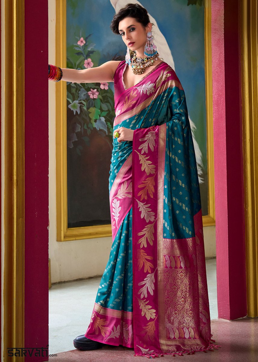 Bondi Blue Banarasi Silk Saree with Contrasting Pallu and Woven Zari - House of Sarvati LLC