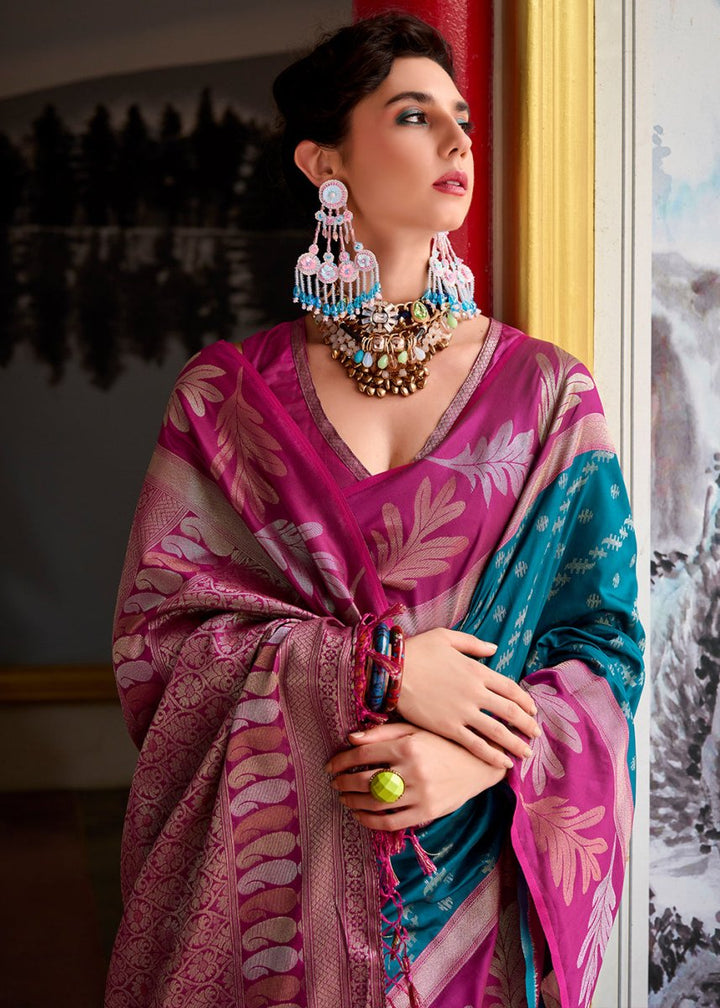 Bondi Blue Banarasi Silk Saree with Contrasting Pallu and Woven Zari - House of Sarvati LLC