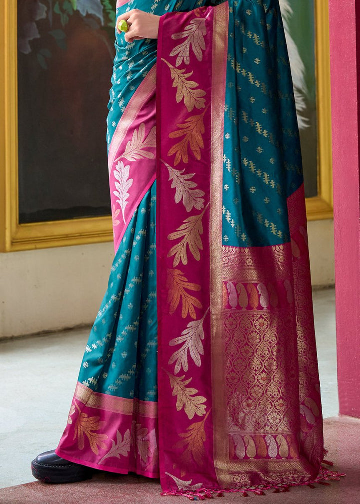 Bondi Blue Banarasi Silk Saree with Contrasting Pallu and Woven Zari - House of Sarvati LLC