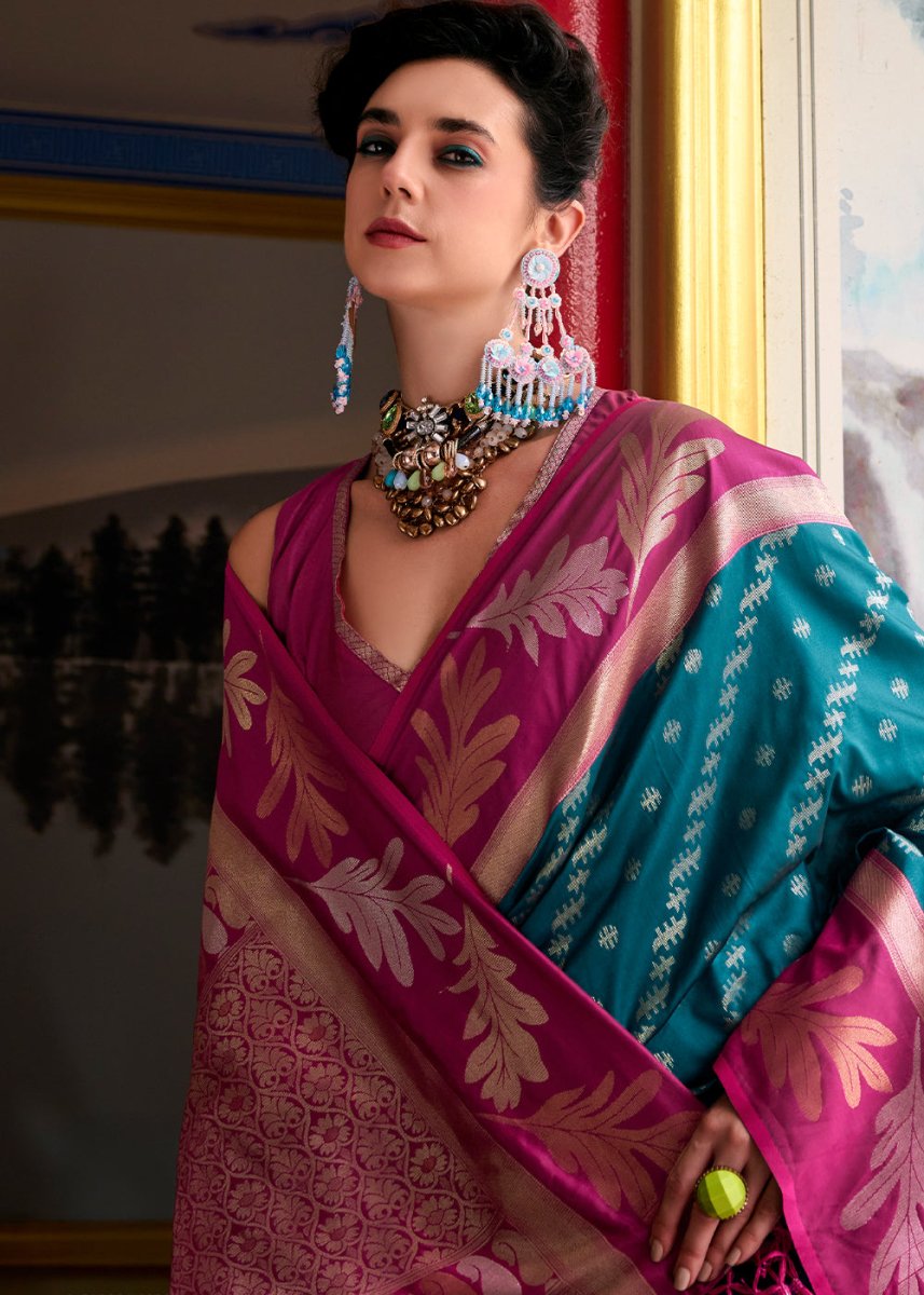 Bondi Blue Banarasi Silk Saree with Contrasting Pallu and Woven Zari - House of Sarvati LLC
