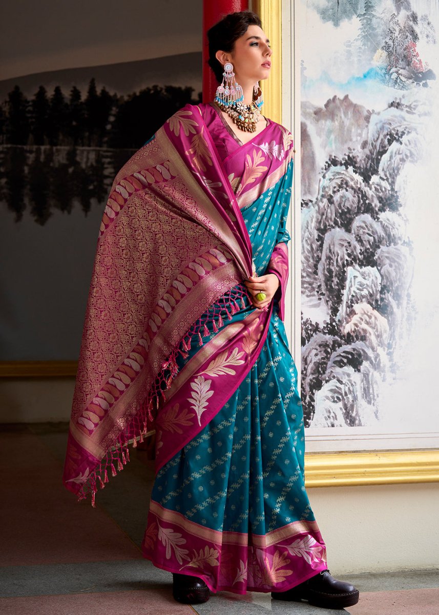 Bondi Blue Banarasi Silk Saree with Contrasting Pallu and Woven Zari - House of Sarvati LLC