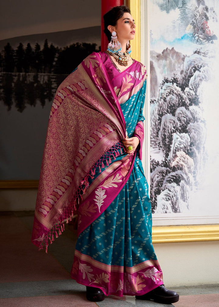 Bondi Blue Banarasi Silk Saree with Contrasting Pallu and Woven Zari - House of Sarvati LLC
