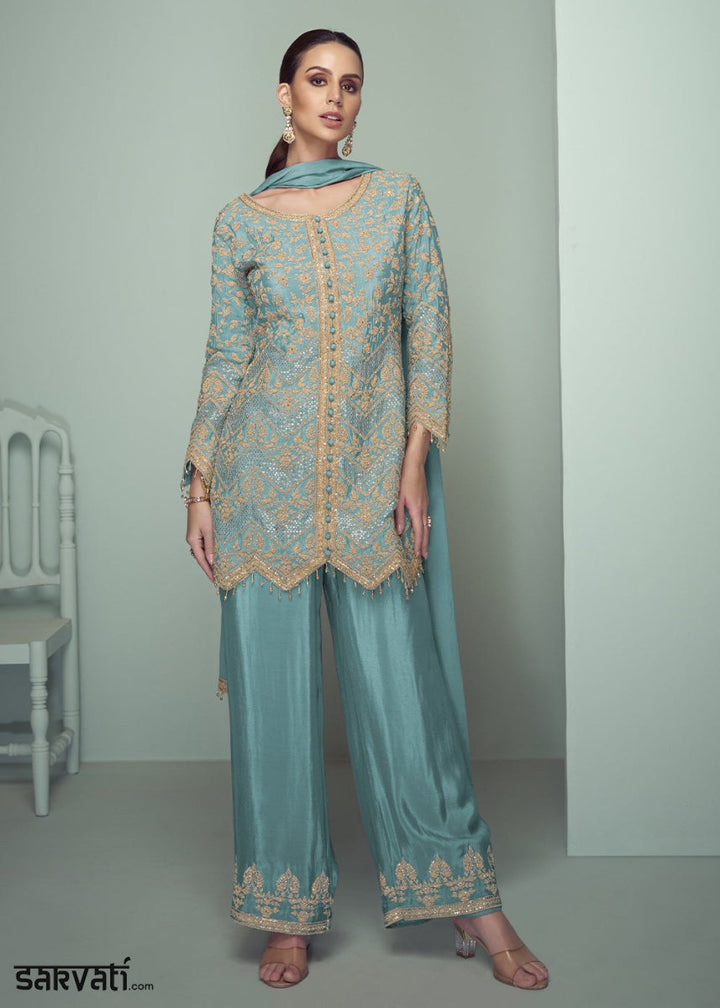Bondi Blue Chinon Silk Embroidered Top with Matching Trousers - House of Sarvati LLC