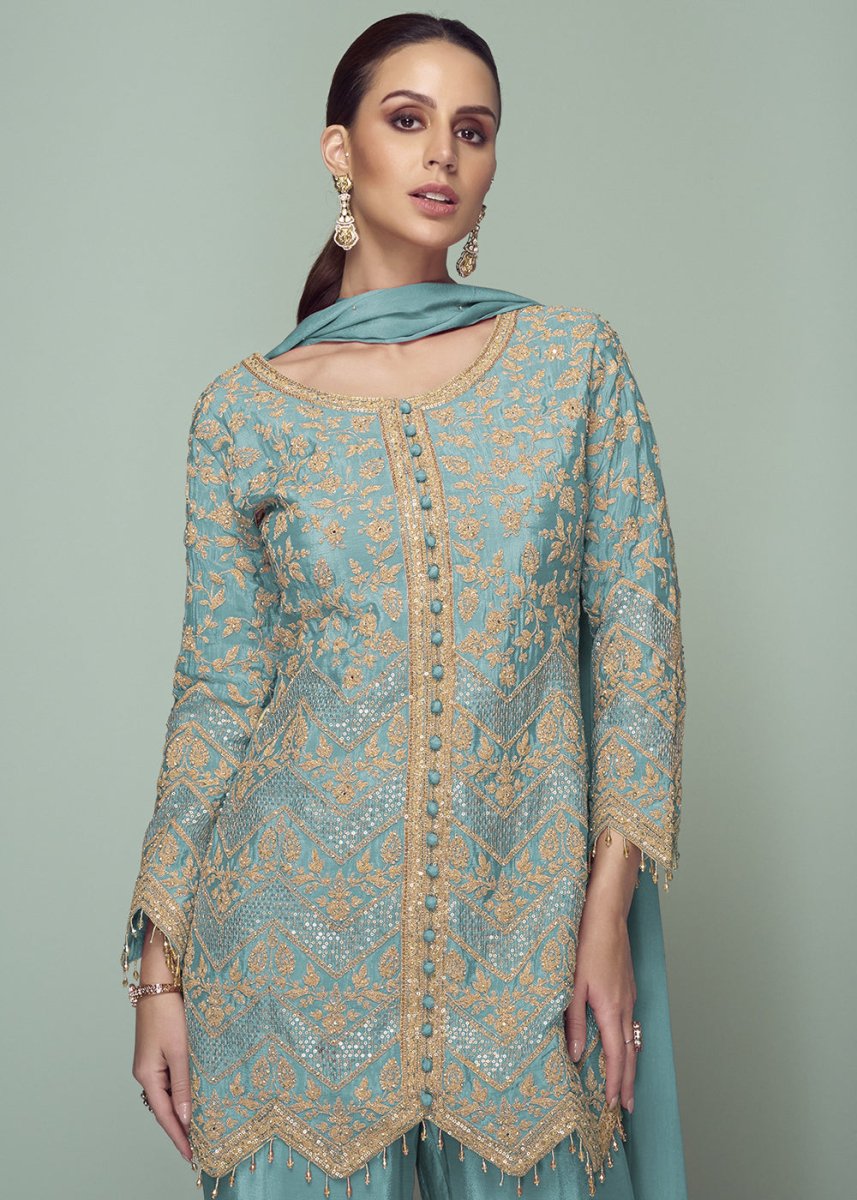 Bondi Blue Chinon Silk Embroidered Top with Matching Trousers - House of Sarvati LLC