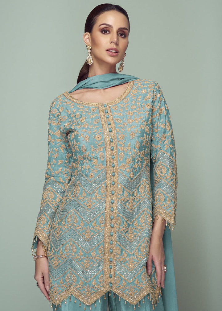 Bondi Blue Chinon Silk Embroidered Top with Matching Trousers - House of Sarvati LLC