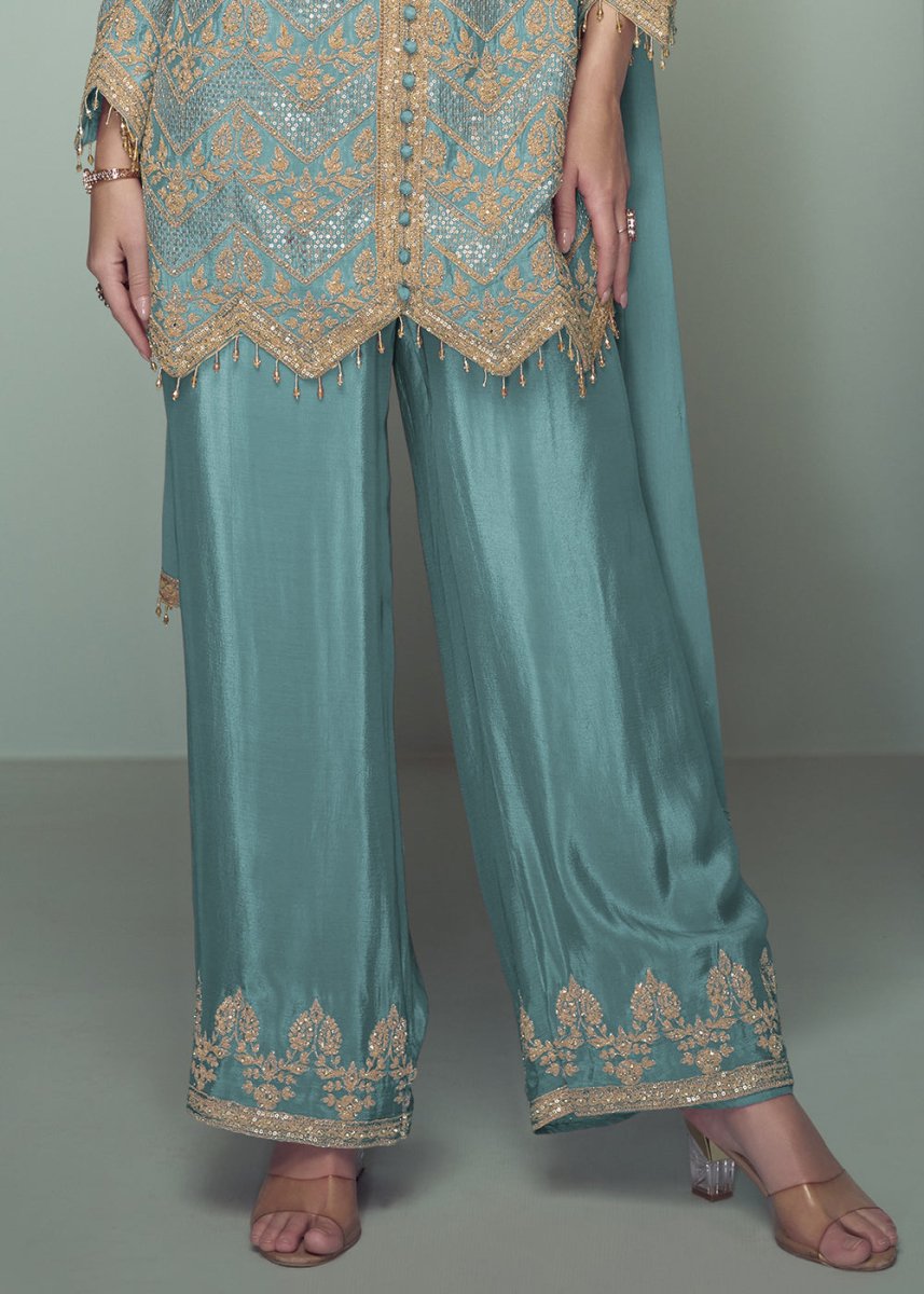Bondi Blue Chinon Silk Embroidered Top with Matching Trousers - House of Sarvati LLC