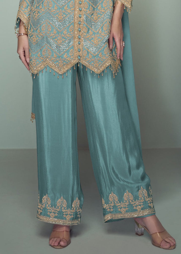 Bondi Blue Chinon Silk Embroidered Top with Matching Trousers - House of Sarvati LLC