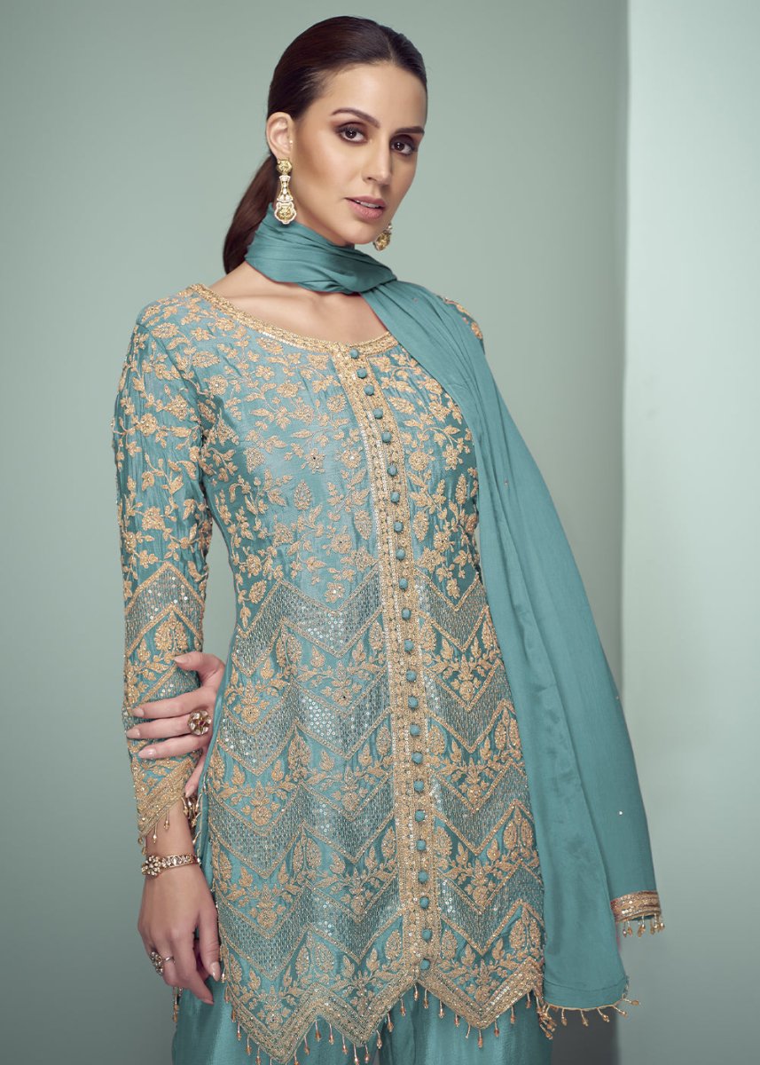 Bondi Blue Chinon Silk Embroidered Top with Matching Trousers - House of Sarvati LLC