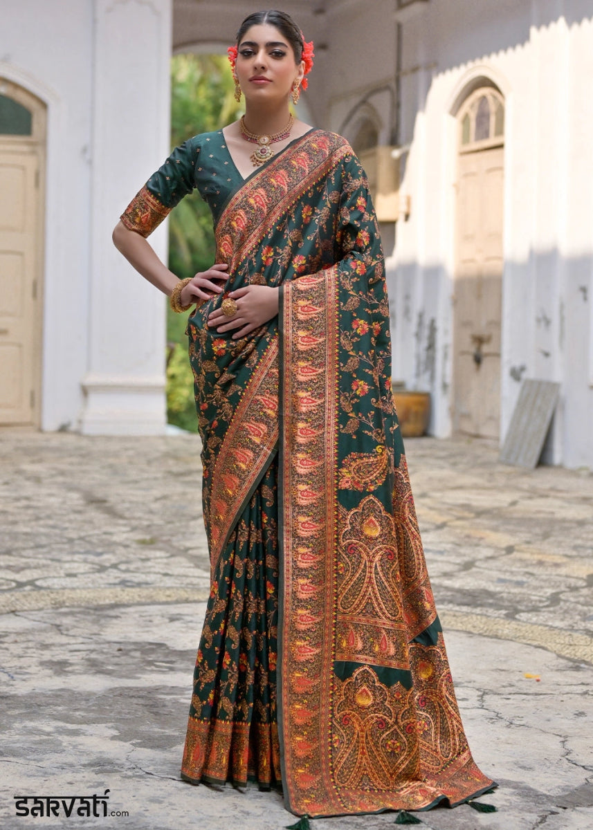 Bottle Green Silk Saree with Intricate Threadwork Floral Jaal - House of Sarvati LLC