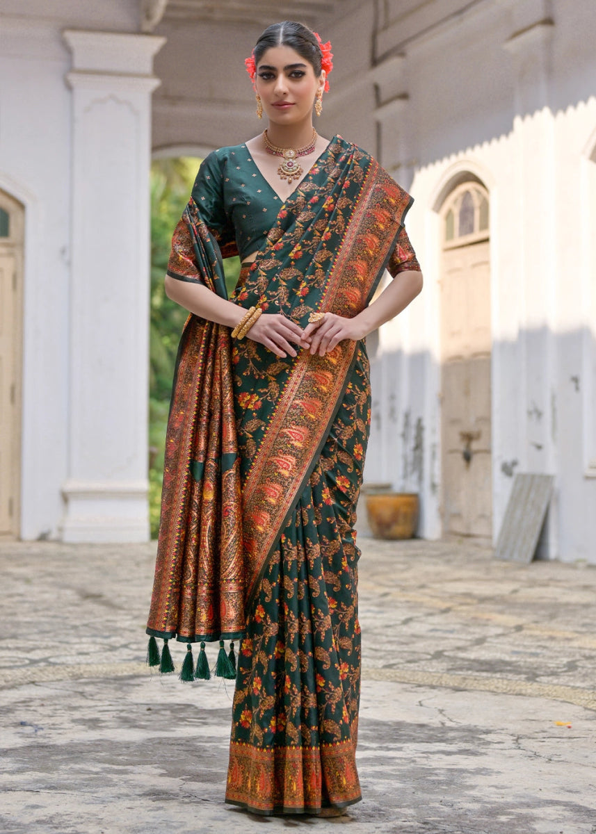 Bottle Green Silk Saree with Intricate Threadwork Floral Jaal - House of Sarvati LLC