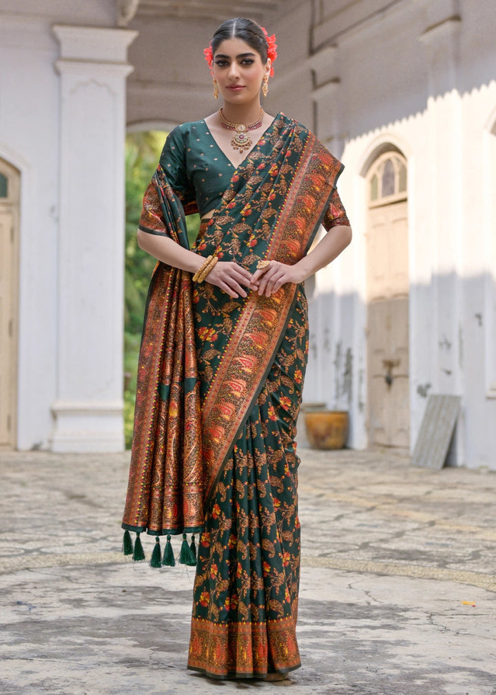 Bottle Green Silk Saree with Intricate Threadwork Floral Jaal - House of Sarvati LLC