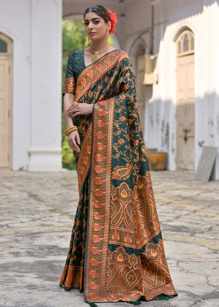Bottle Green Silk Saree with Intricate Threadwork Floral Jaal - House of Sarvati LLC