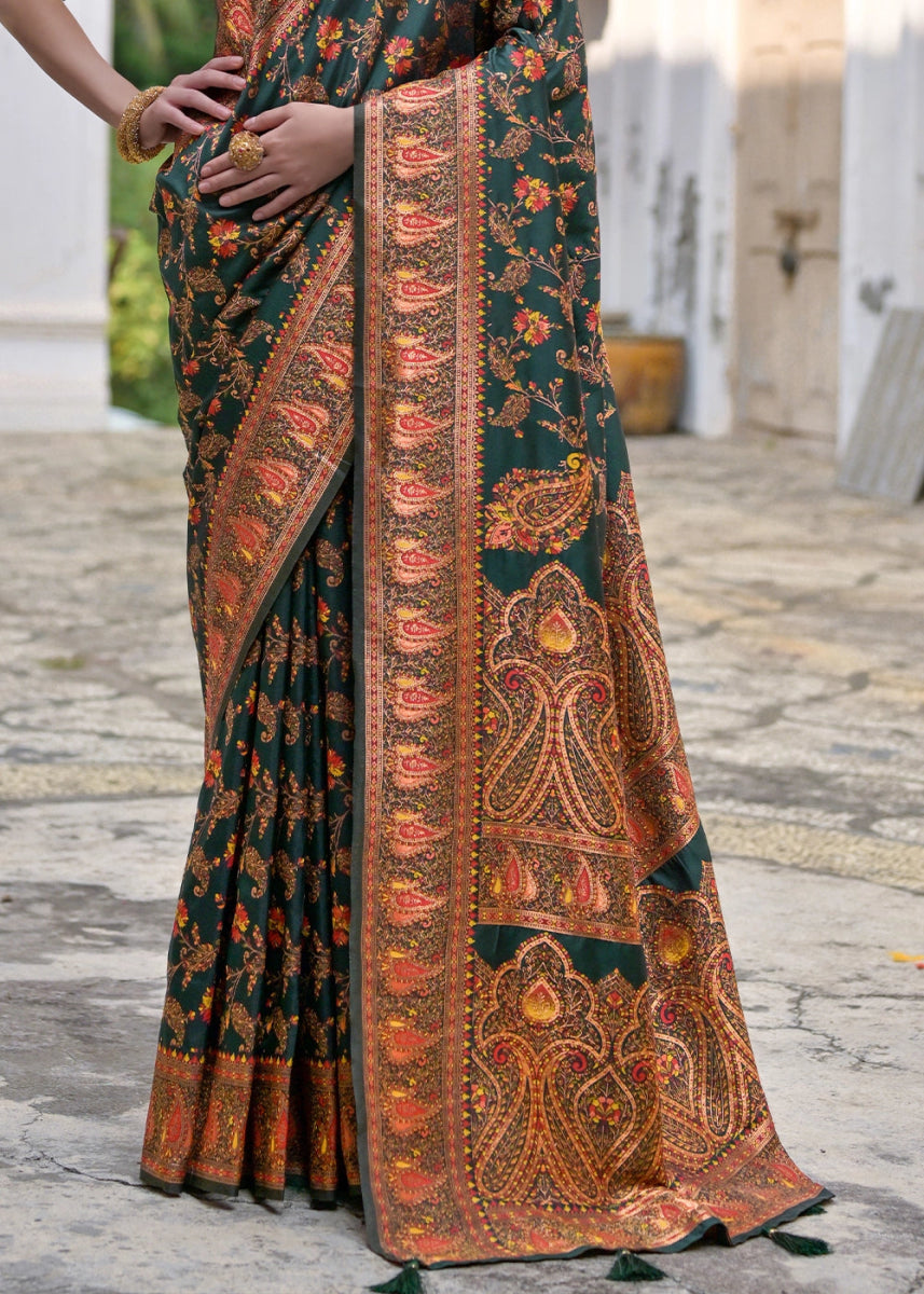 Bottle Green Silk Saree with Intricate Threadwork Floral Jaal - House of Sarvati LLC