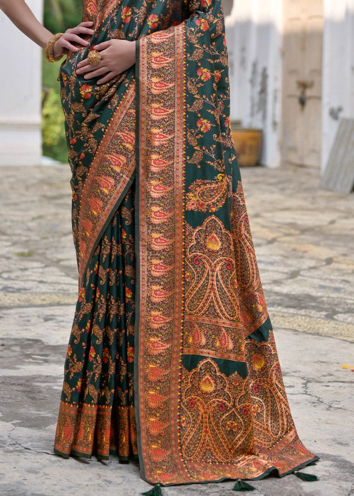 Bottle Green Silk Saree with Intricate Threadwork Floral Jaal - House of Sarvati LLC