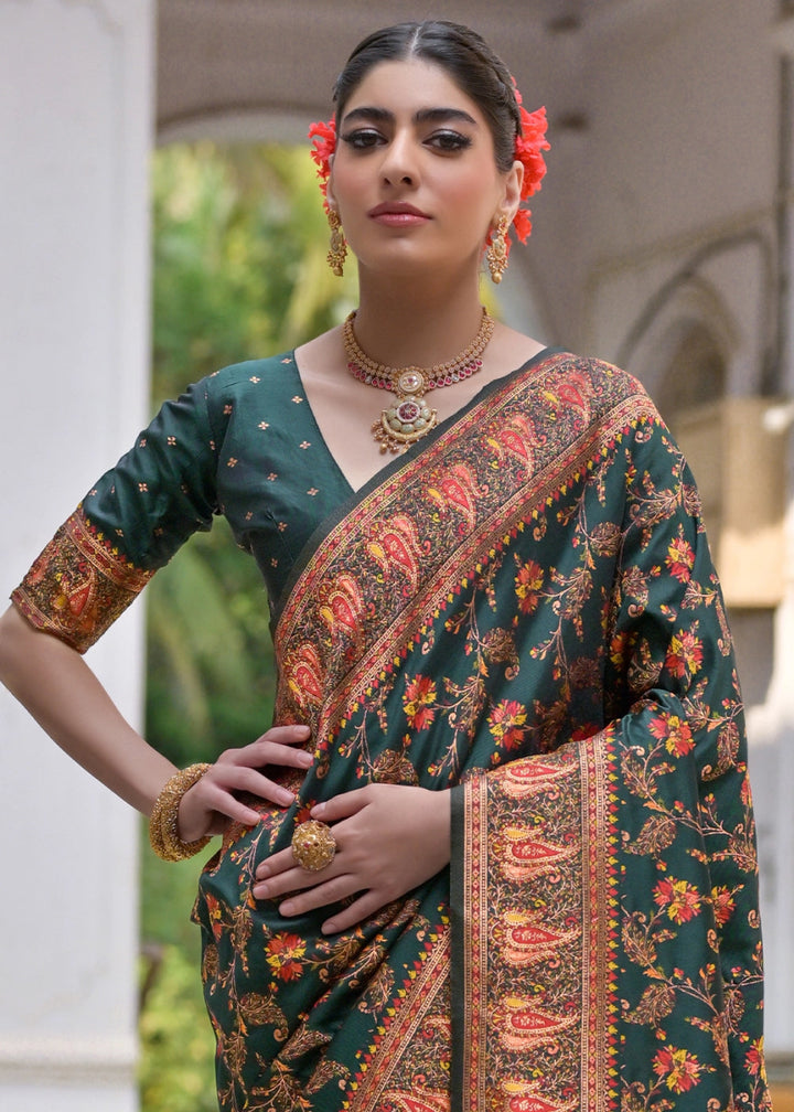 Bottle Green Silk Saree with Intricate Threadwork Floral Jaal - House of Sarvati LLC
