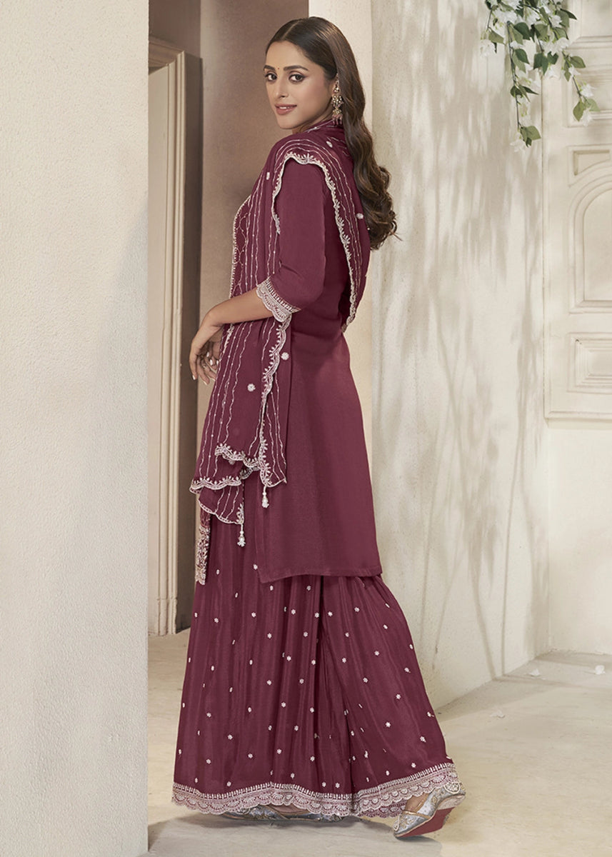 Boysenberry Purple Chinon Silk Sharara Suit with Intricate White Thread & Sequin Embroidery - House of Sarvati LLC