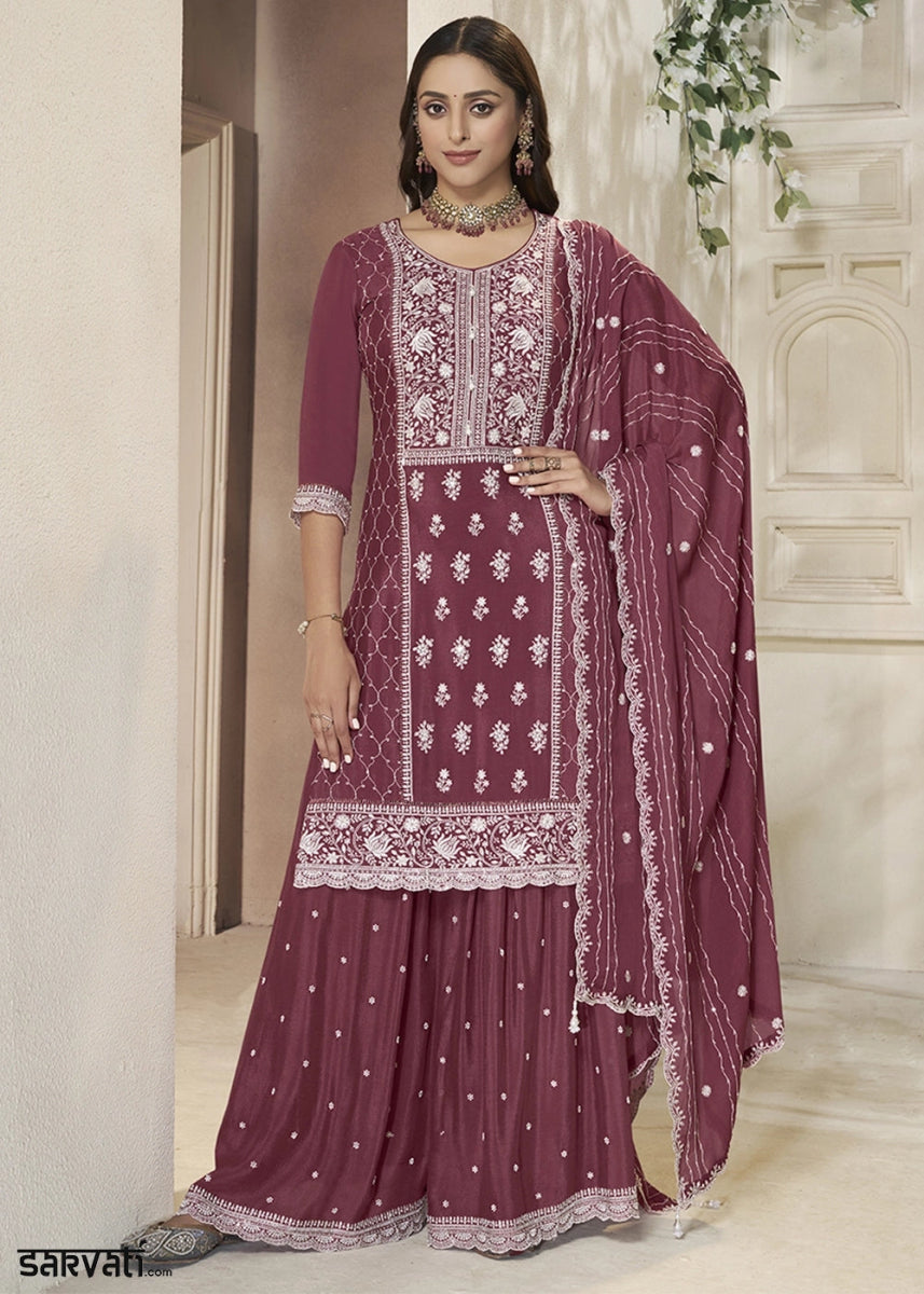 Boysenberry Purple Chinon Silk Sharara Suit with Intricate White Thread & Sequin Embroidery - House of Sarvati LLC