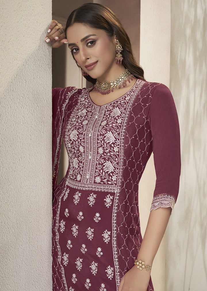 Boysenberry Purple Chinon Silk Sharara Suit with Intricate White Thread & Sequin Embroidery - House of Sarvati LLC