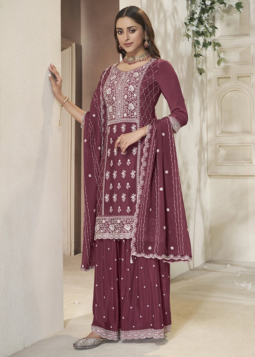 Boysenberry Purple Chinon Silk Sharara Suit with Intricate White Thread & Sequin Embroidery - House of Sarvati LLC