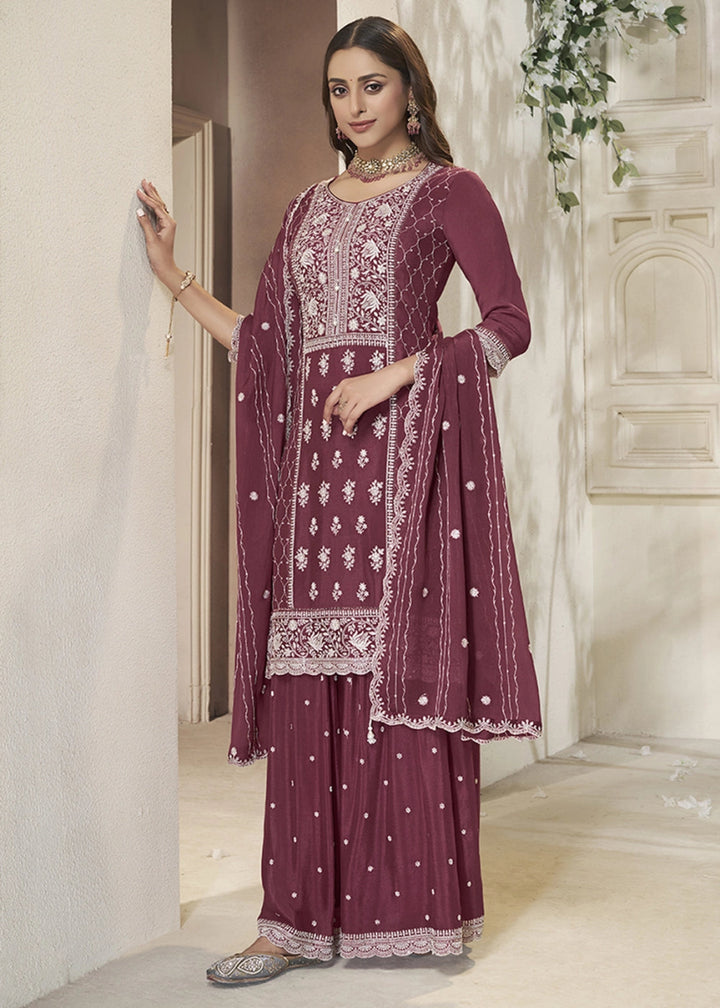 Boysenberry Purple Chinon Silk Sharara Suit with Intricate White Thread & Sequin Embroidery - House of Sarvati LLC