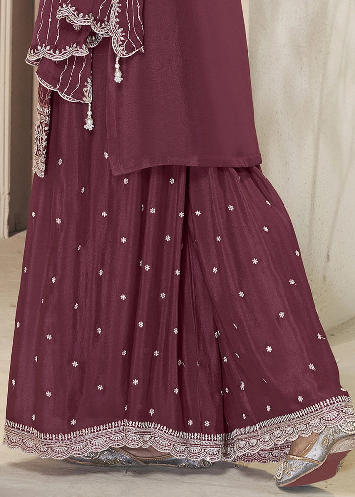 Boysenberry Purple Chinon Silk Sharara Suit with Intricate White Thread & Sequin Embroidery - House of Sarvati LLC