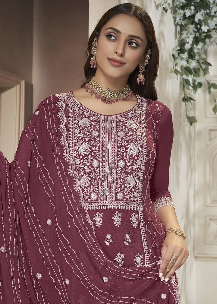 Boysenberry Purple Chinon Silk Sharara Suit with Intricate White Thread & Sequin Embroidery - House of Sarvati LLC