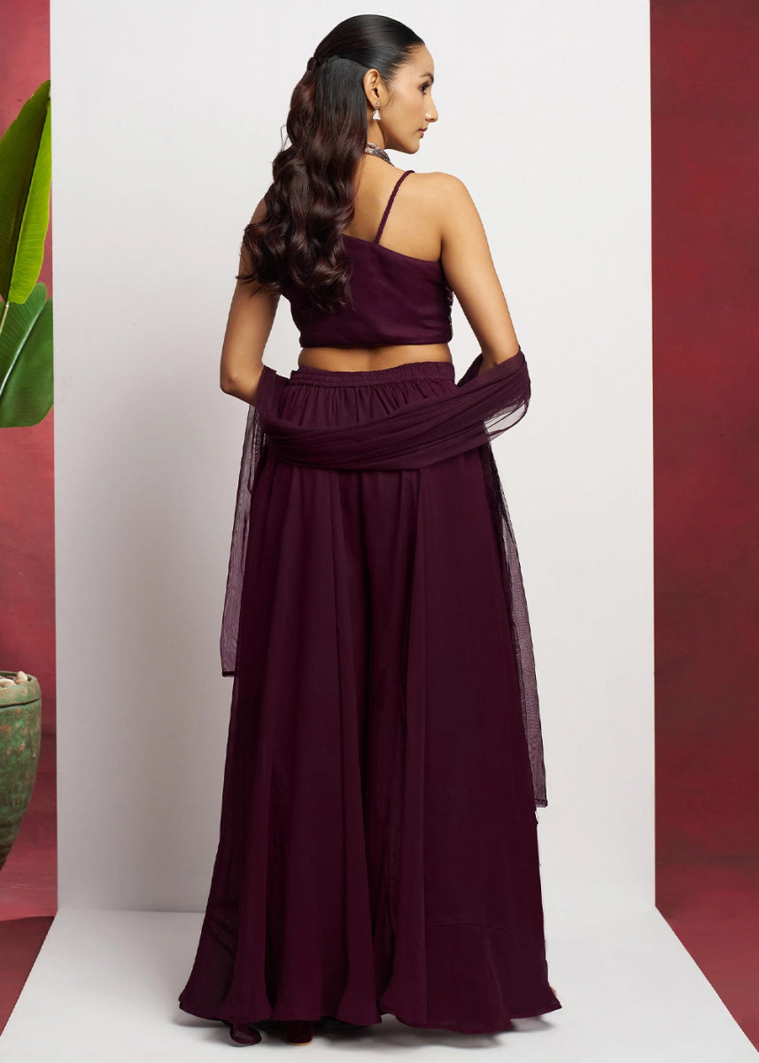 Boysenberry purple georgette sharara set featuring traditional khatli detailing and contemporary styling - House of Sarvati LLC