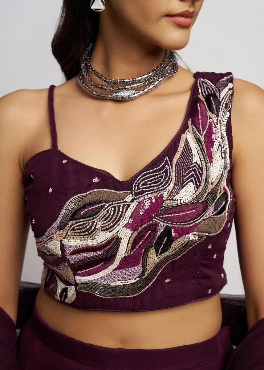 Boysenberry purple georgette sharara set featuring traditional khatli detailing and contemporary styling - House of Sarvati LLC