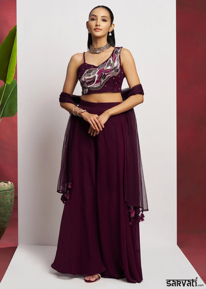 Boysenberry purple georgette sharara set featuring traditional khatli detailing and contemporary styling - House of Sarvati LLC