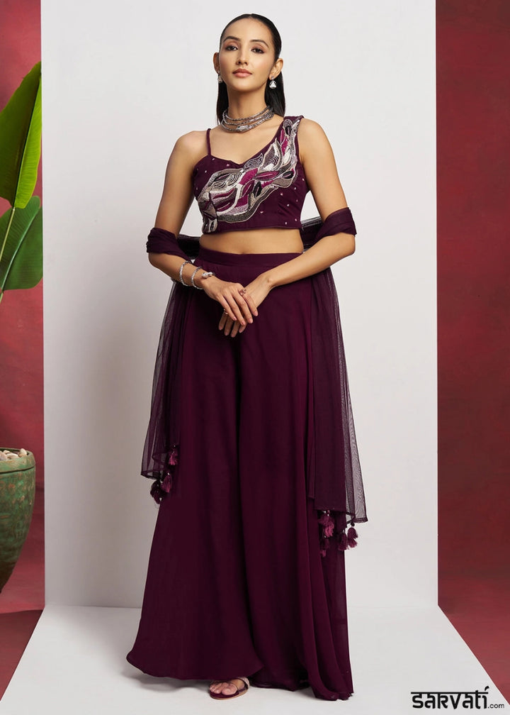 Boysenberry purple georgette sharara set featuring traditional khatli detailing and contemporary styling - House of Sarvati LLC