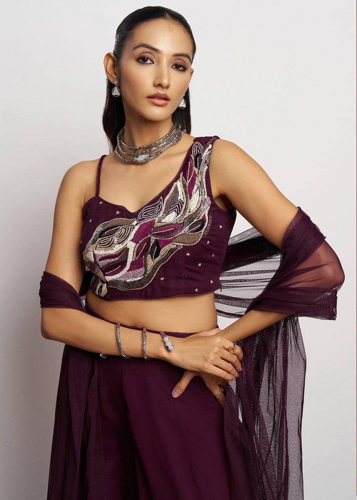 Boysenberry purple georgette sharara set featuring traditional khatli detailing and contemporary styling - House of Sarvati LLC