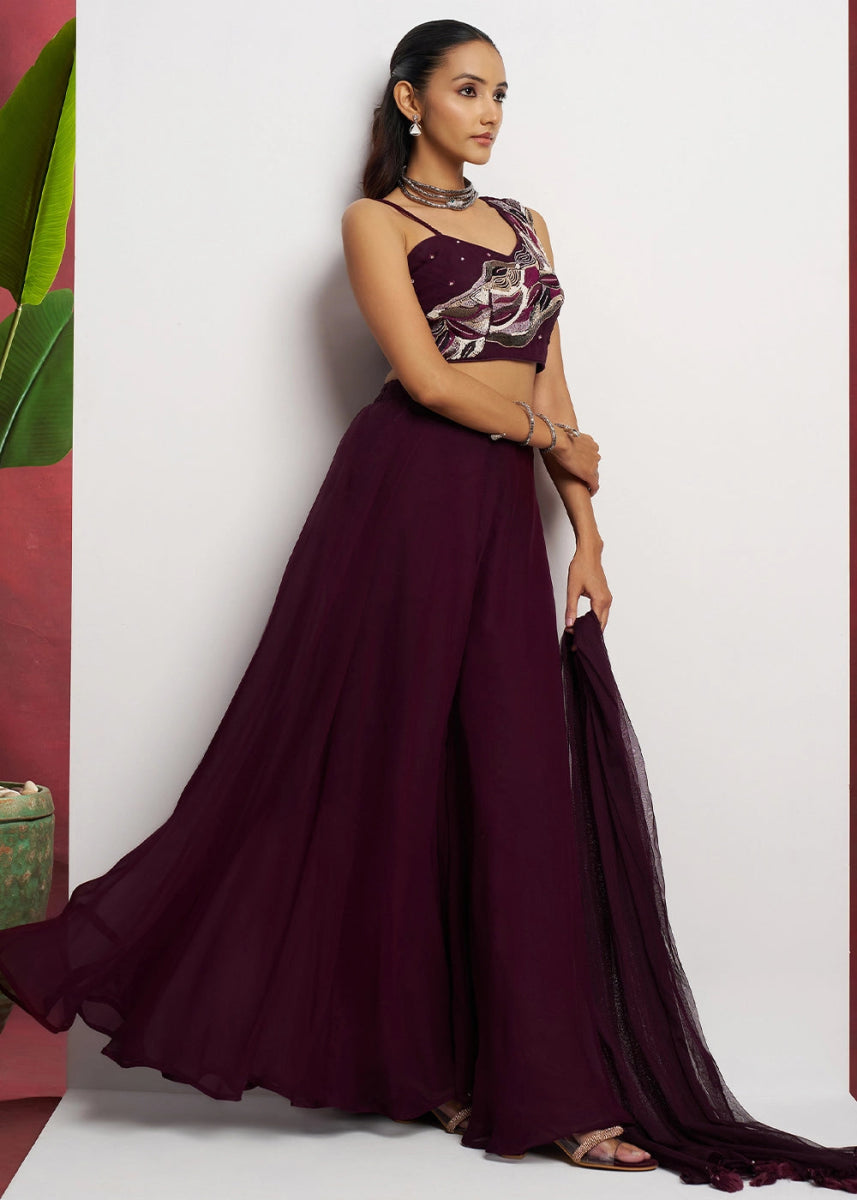 Boysenberry purple georgette sharara set featuring traditional khatli detailing and contemporary styling - House of Sarvati LLC