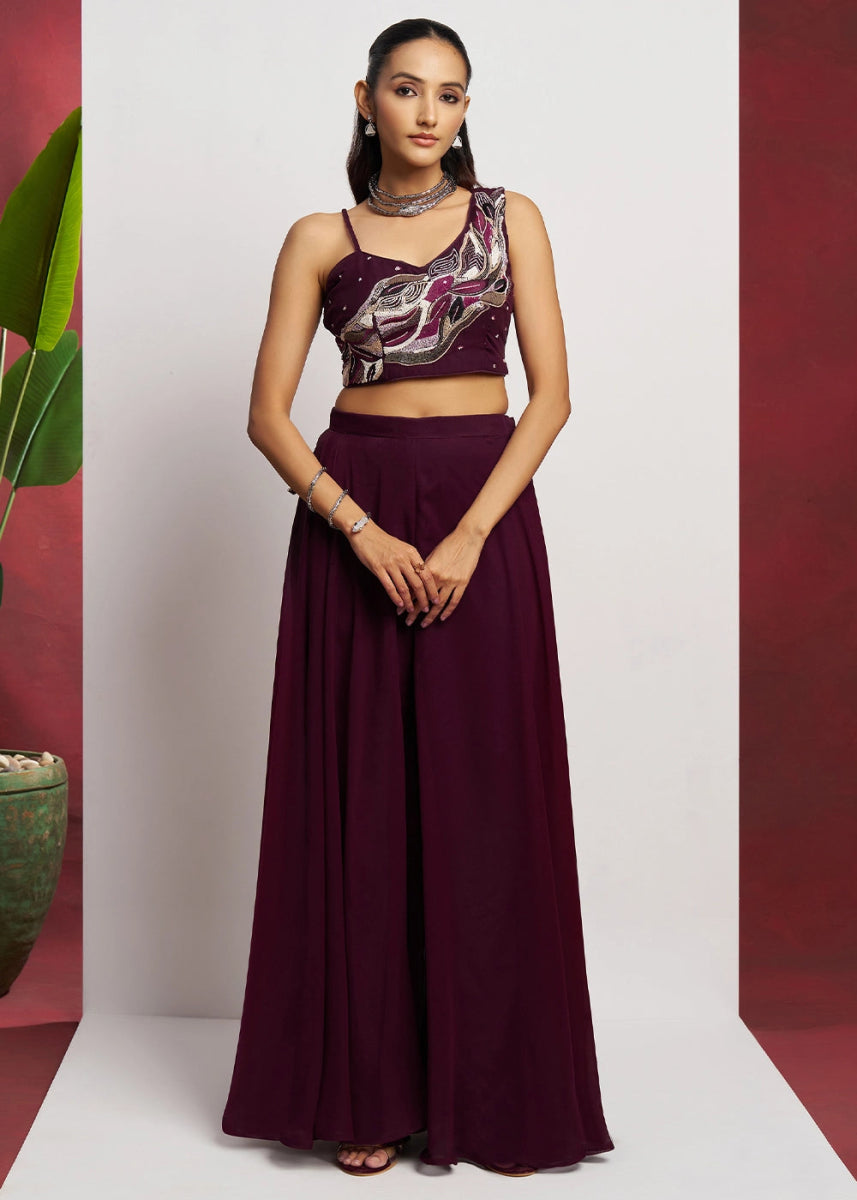 Boysenberry purple georgette sharara set featuring traditional khatli detailing and contemporary styling - House of Sarvati LLC