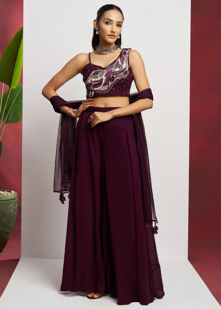 Boysenberry purple georgette sharara set featuring traditional khatli detailing and contemporary styling - House of Sarvati LLC