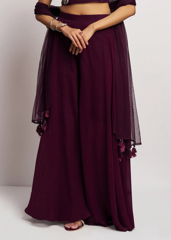 Boysenberry purple georgette sharara set featuring traditional khatli detailing and contemporary styling - House of Sarvati LLC