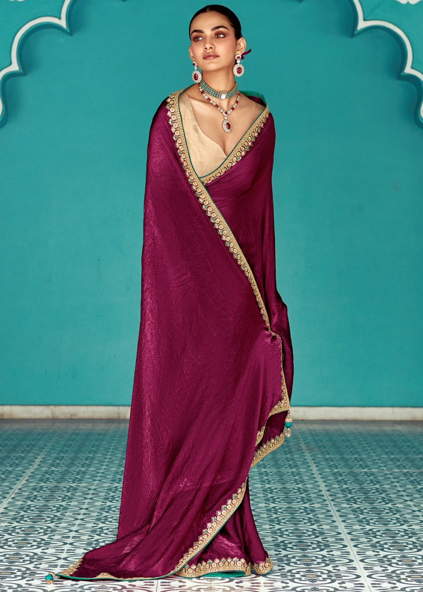 Boysenberry Purple Tissue Silk Saree with Exquisite Embroidery - House of Sarvati LLC