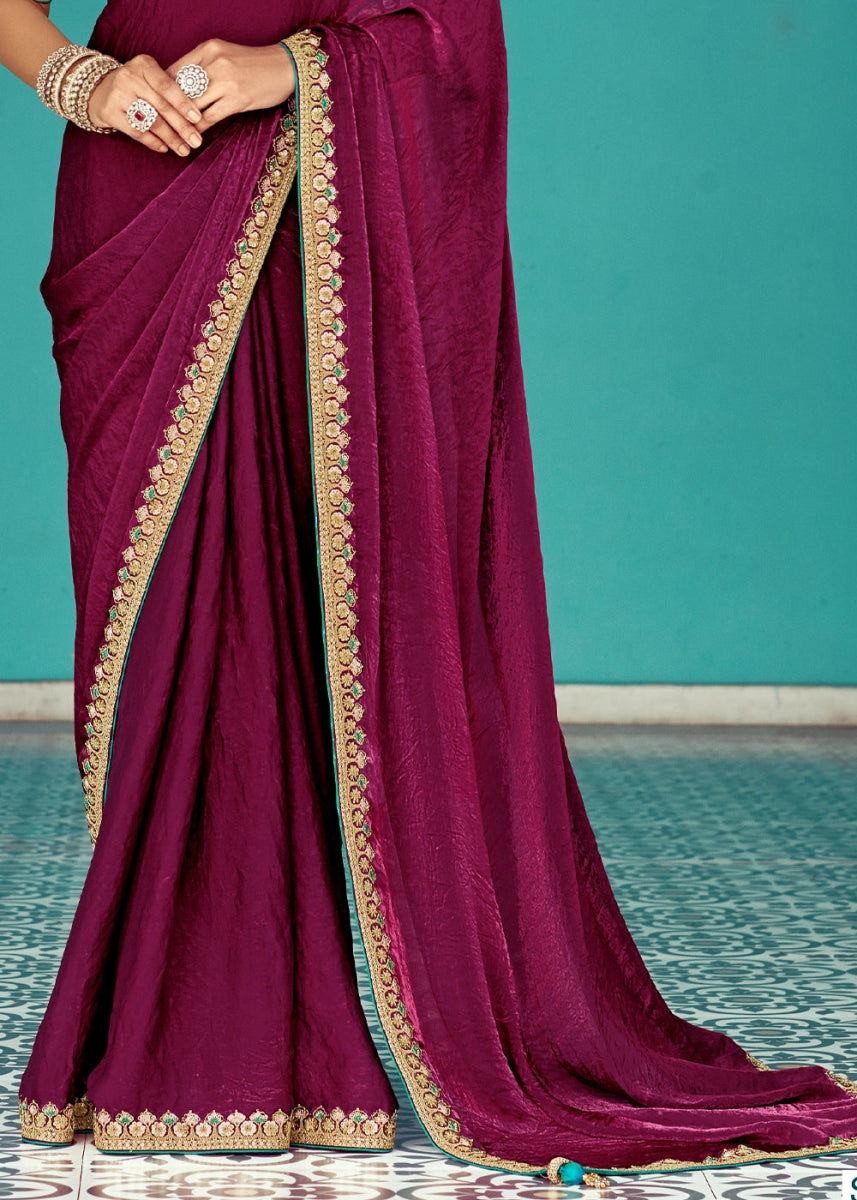 Boysenberry Purple Tissue Silk Saree with Exquisite Embroidery - House of Sarvati LLC